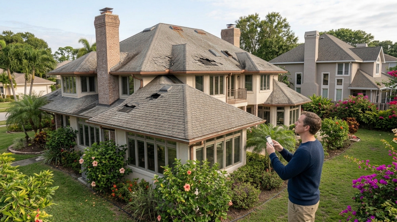 Homeowner evaluating an aging roof for replacement