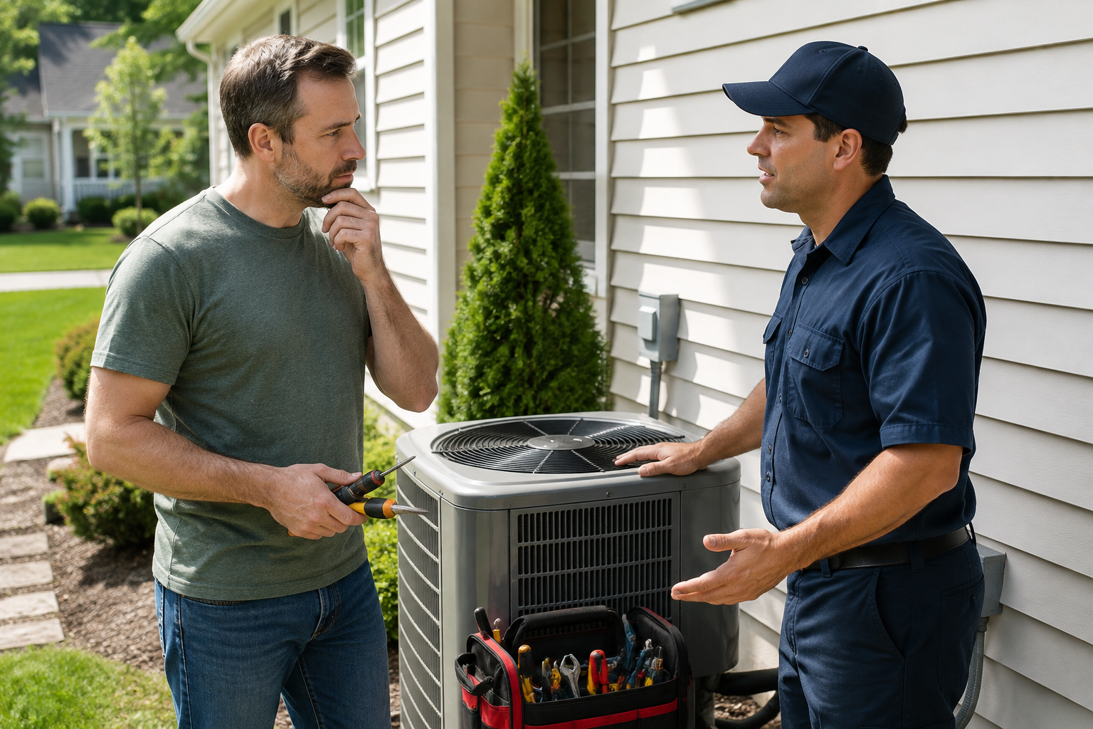 Homeowner discussing DIY repair with an HVAC technician beside an outdoor AC condenser
