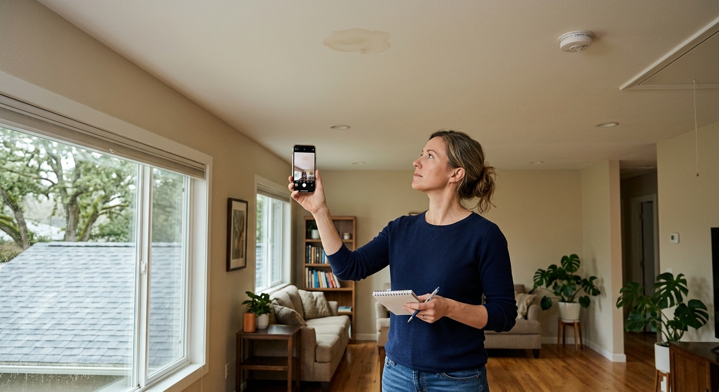 Homeowner inspecting a possible roof leak on a ceiling