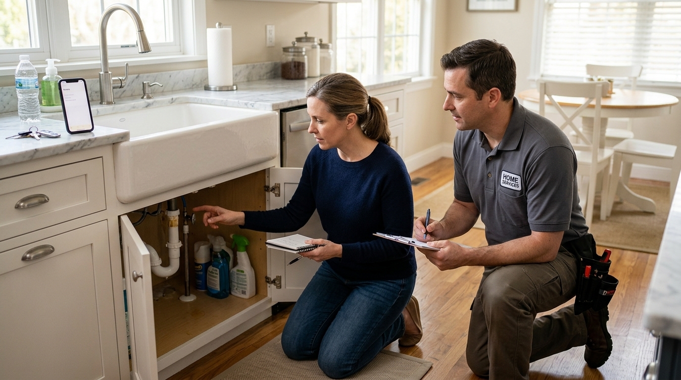 Homeowner assessing a minor home repair with a technician