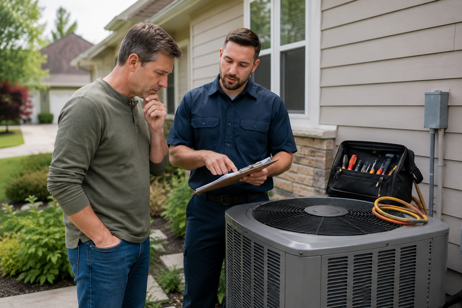 Homeowner discussing AC repair or replacement with an HVAC technician beside an outdoor condenser