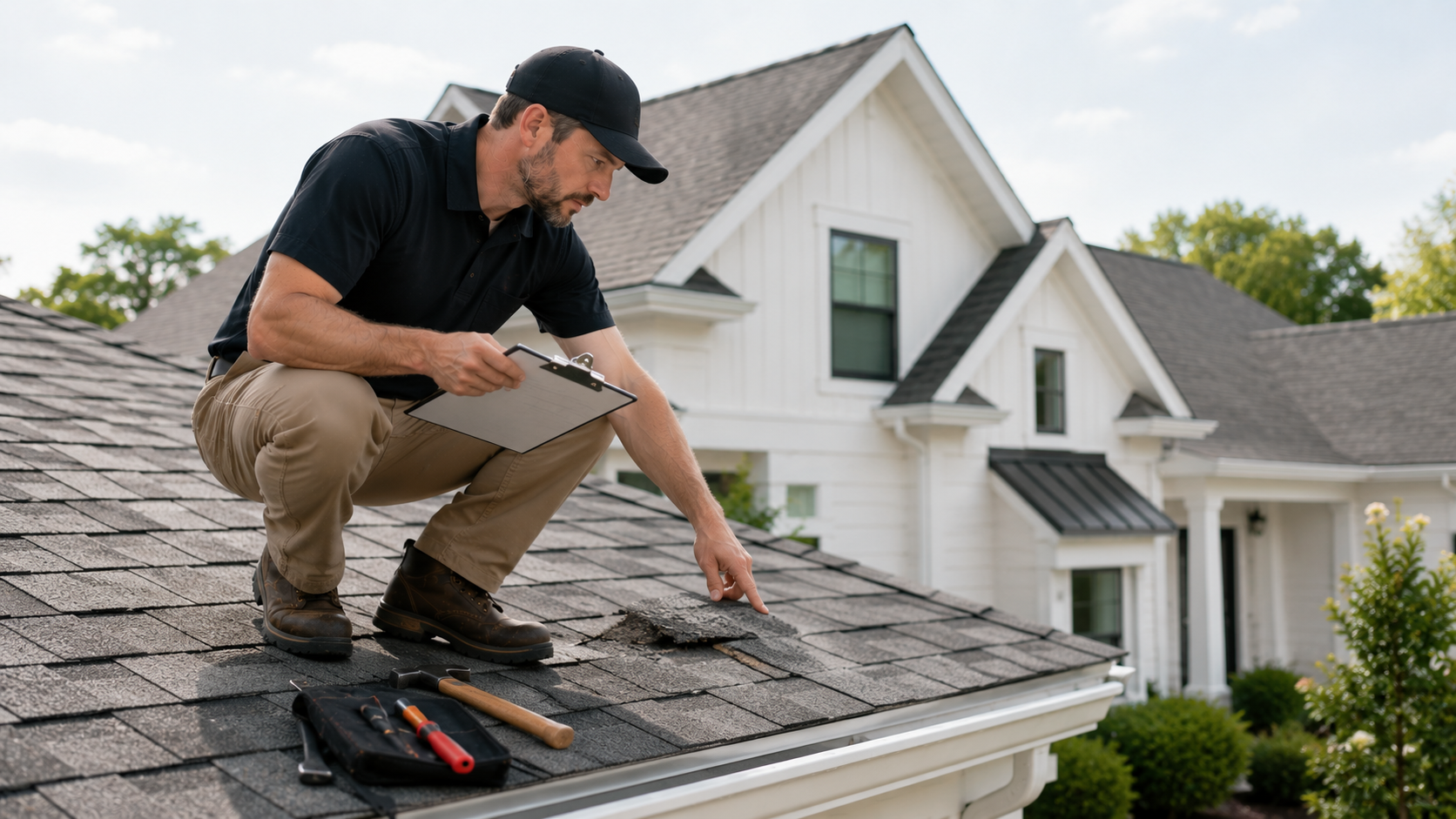 Professional roofer inspecting a residential roof to evaluate repair versus replacement.