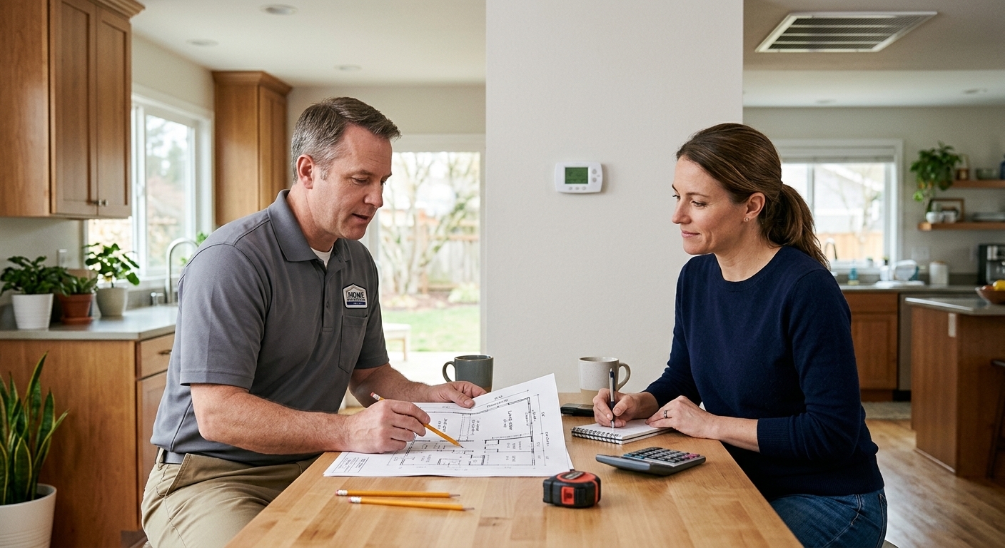 Homeowner discussing AC sizing with an HVAC professional