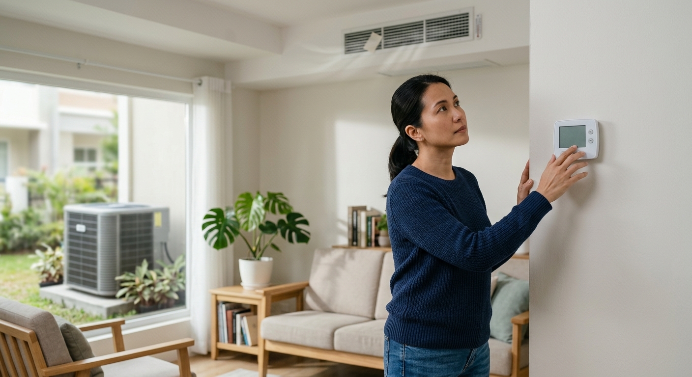 Homeowner checking an AC thermostat while troubleshooting short cycling