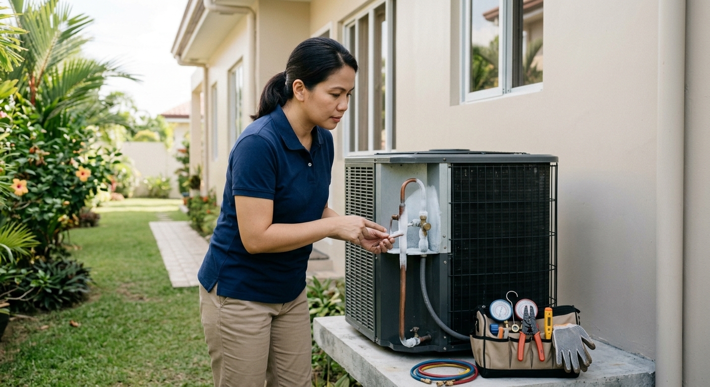 Homeowner inspecting ice buildup on an outdoor AC unit