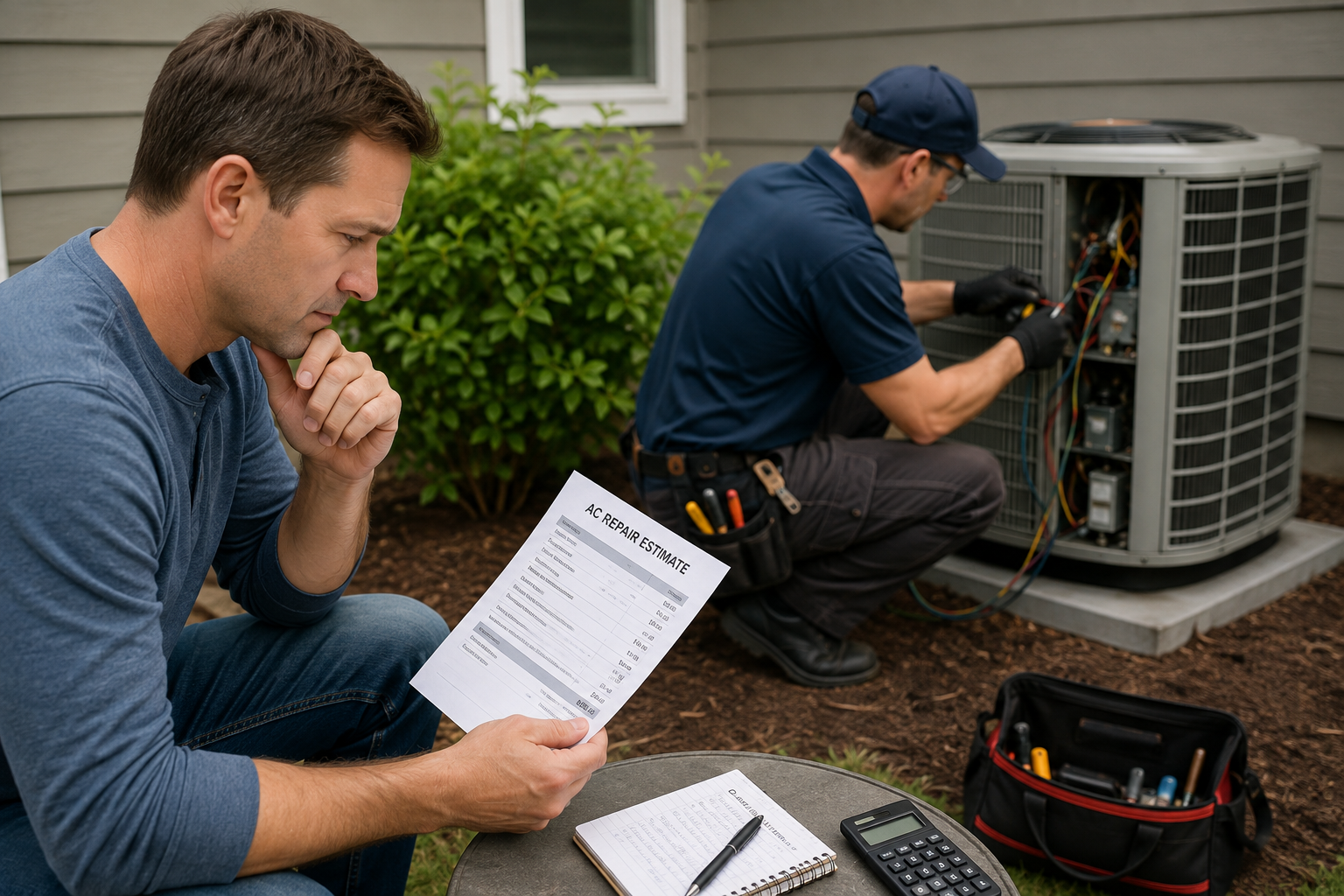 Homeowner reviewing an AC repair with a technician beside a residential outdoor condenser