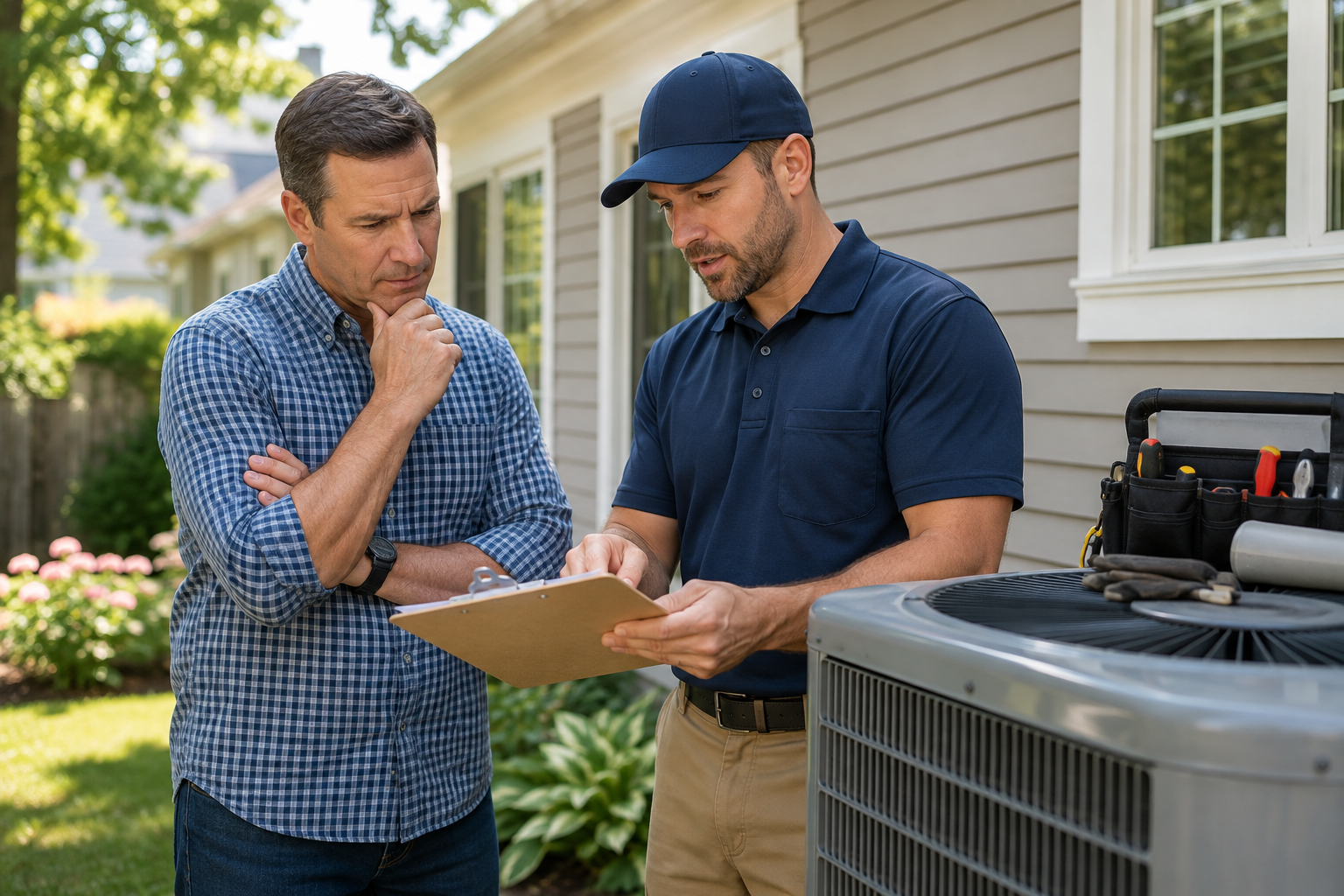 Homeowner reviewing an HVAC repair estimate with a technician beside an outdoor AC condenser