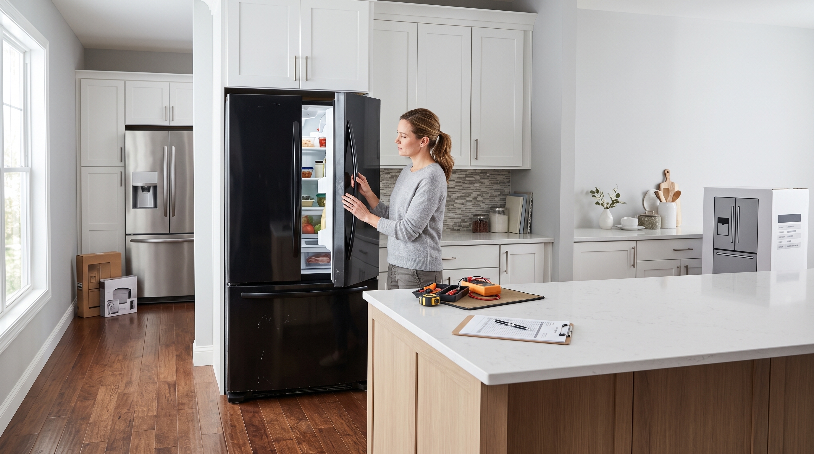 Homeowner evaluating whether to repair or replace an older refrigerator