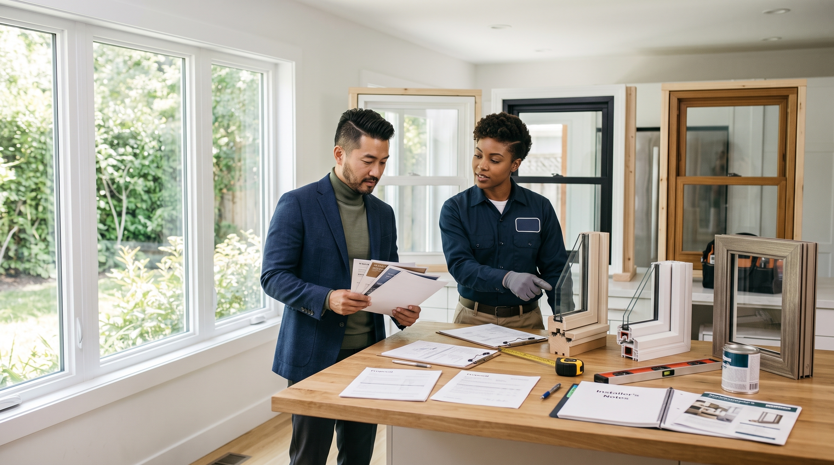 Homeowner comparing different window replacement estimates with a professional contractor and window samples.